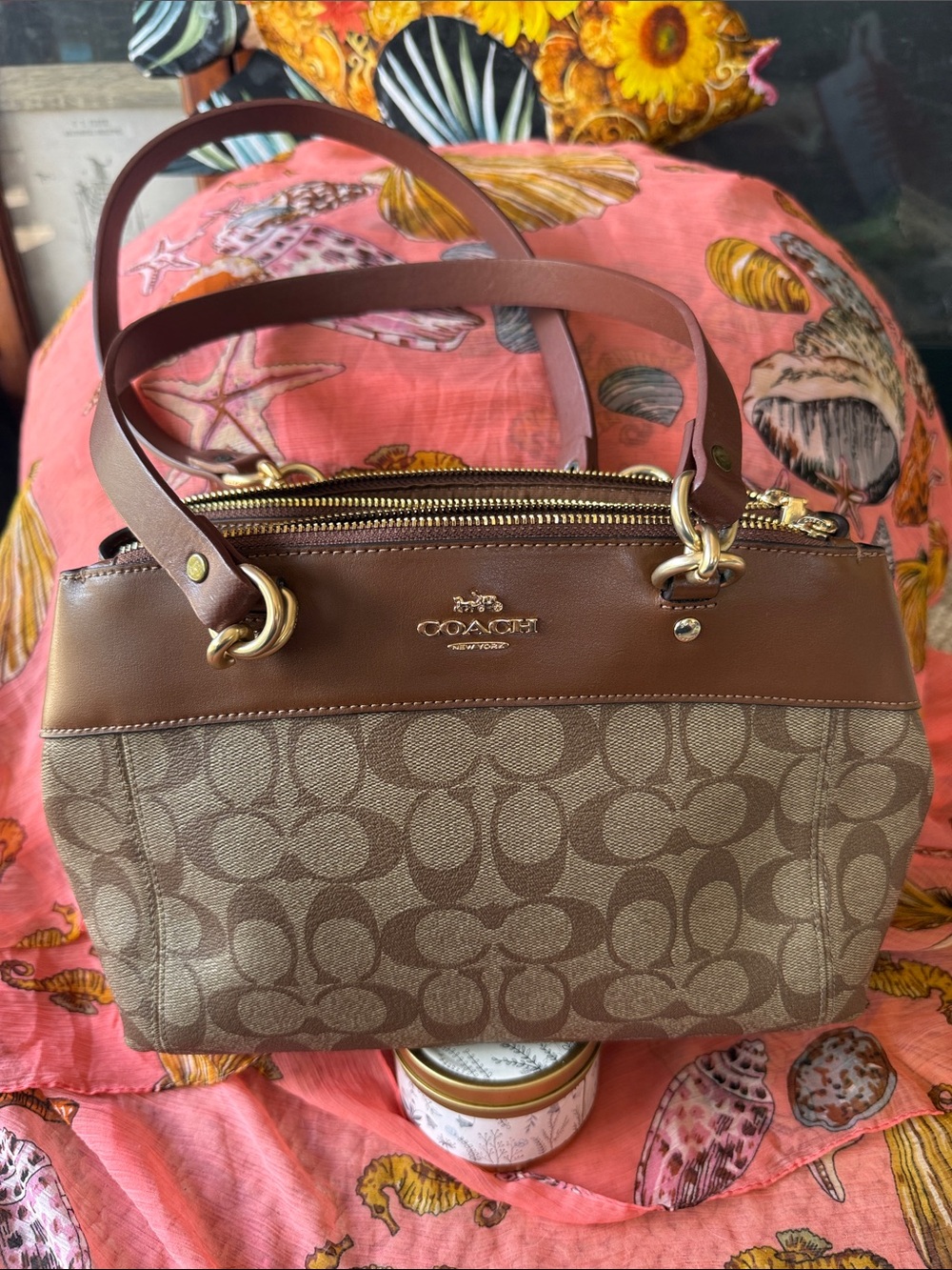 Coach Tan Signature Canvas Shoulder Bag with Brown Leather Trim